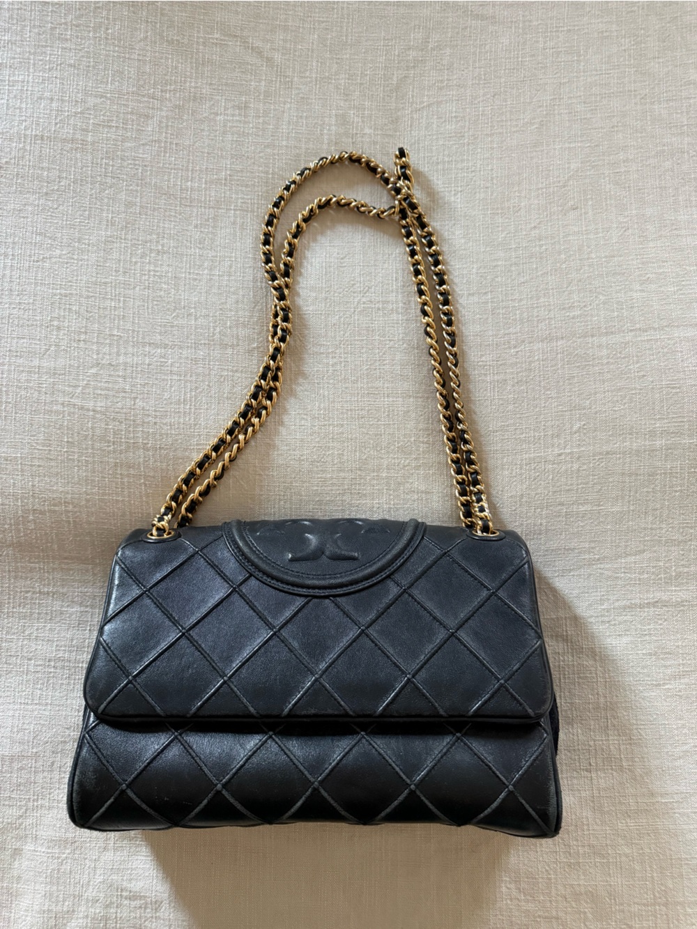 Tory Burch Black Quilted Shoulder Bag with Gold Chain Strap